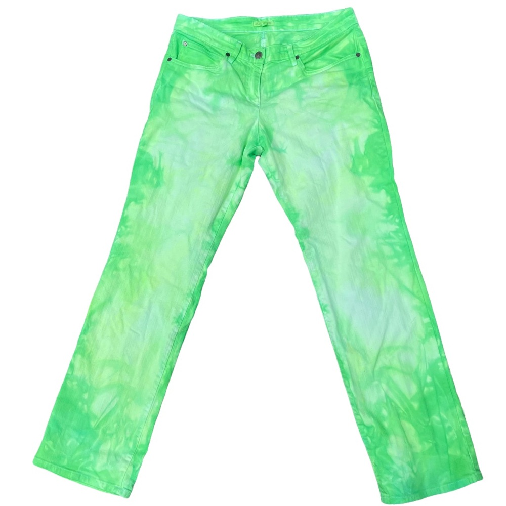 Eileen Fisher Funky Neon Hippy Bright Green Dip Dyed White Jeans Size PM Petite